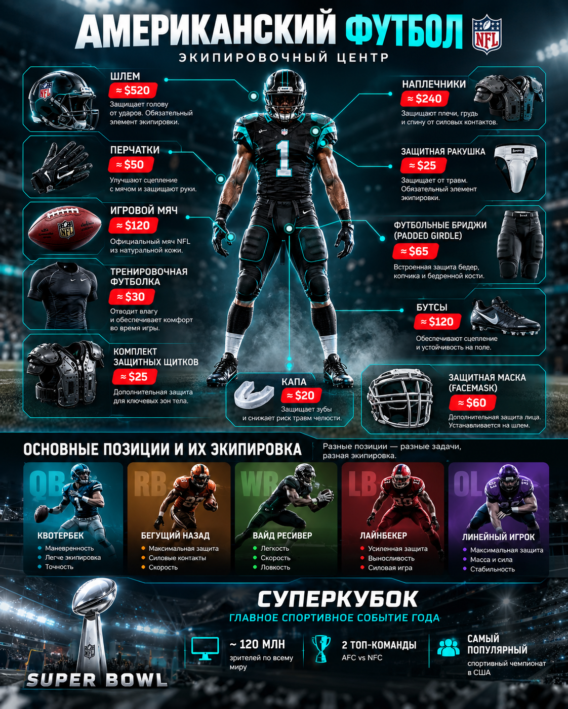 Американский футбол — инфографика об экипировке — изображение 2