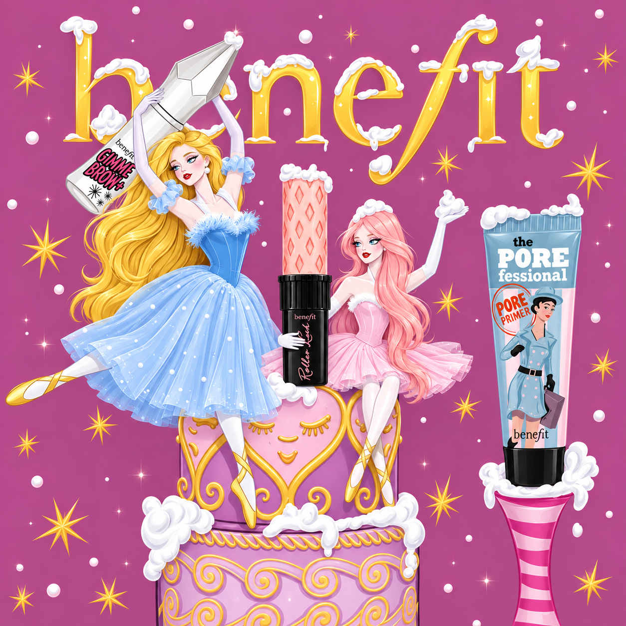 Benefit — Сказочный балет: Балерины, праздничный торт и золотой леттеринг объединяют косметику Gimme Brow+, Roller Lash и The POREfessional в фантазийную сцену. Голубые и розовые костюмы персонажей поддерживают палитру упаковки.