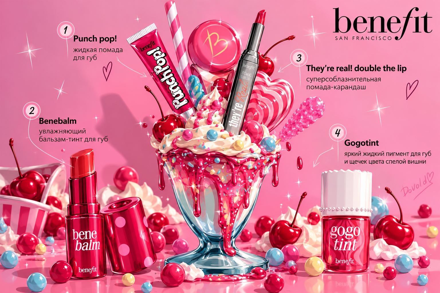 Benefit — Beauty Dessert: Косметика для губ превращается в яркий десерт: стеклянная креманка, вишни, крем и глянцевые розовые текстуры. Композиция объединяет Punch Pop!, Benebalm, They’re Real! Double the Lip и Gogotint.