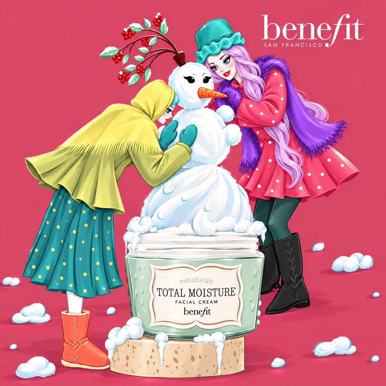 Benefit — Зимняя история: Две героини лепят снеговика на баночке Total Moisture. Мягкий снег перекликается с текстурой крема, а коралловый фон и бирюзовые акценты создают выразительную зимнюю историю.