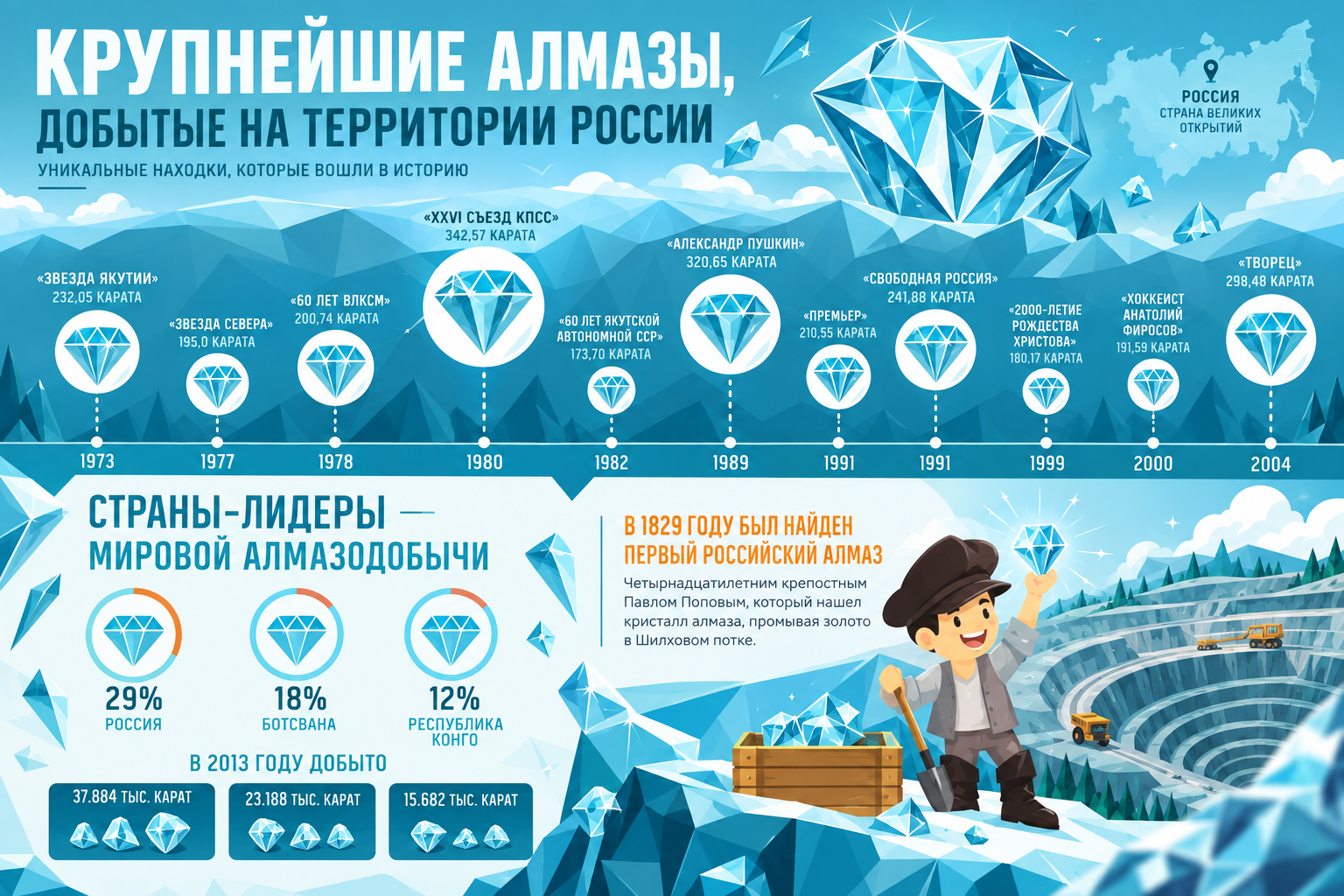 Инфографика Алмазы России: временная шкала находок, диаграммы добычи за 2013 год, кристаллы и иллюстрация карьера
