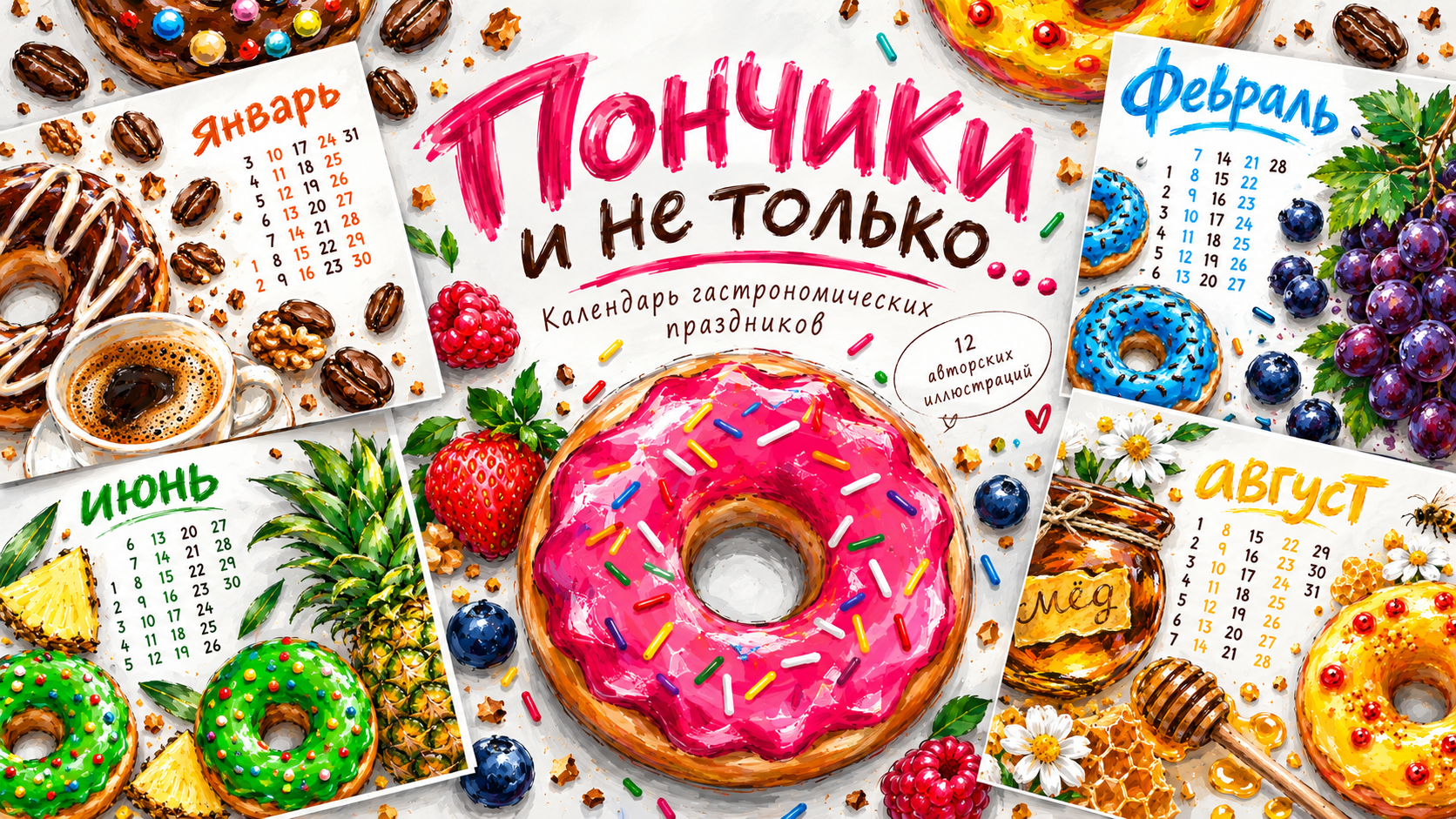 Превью календаря Пончики и не только: розовый пончик и композиция из иллюстрированных календарных листов