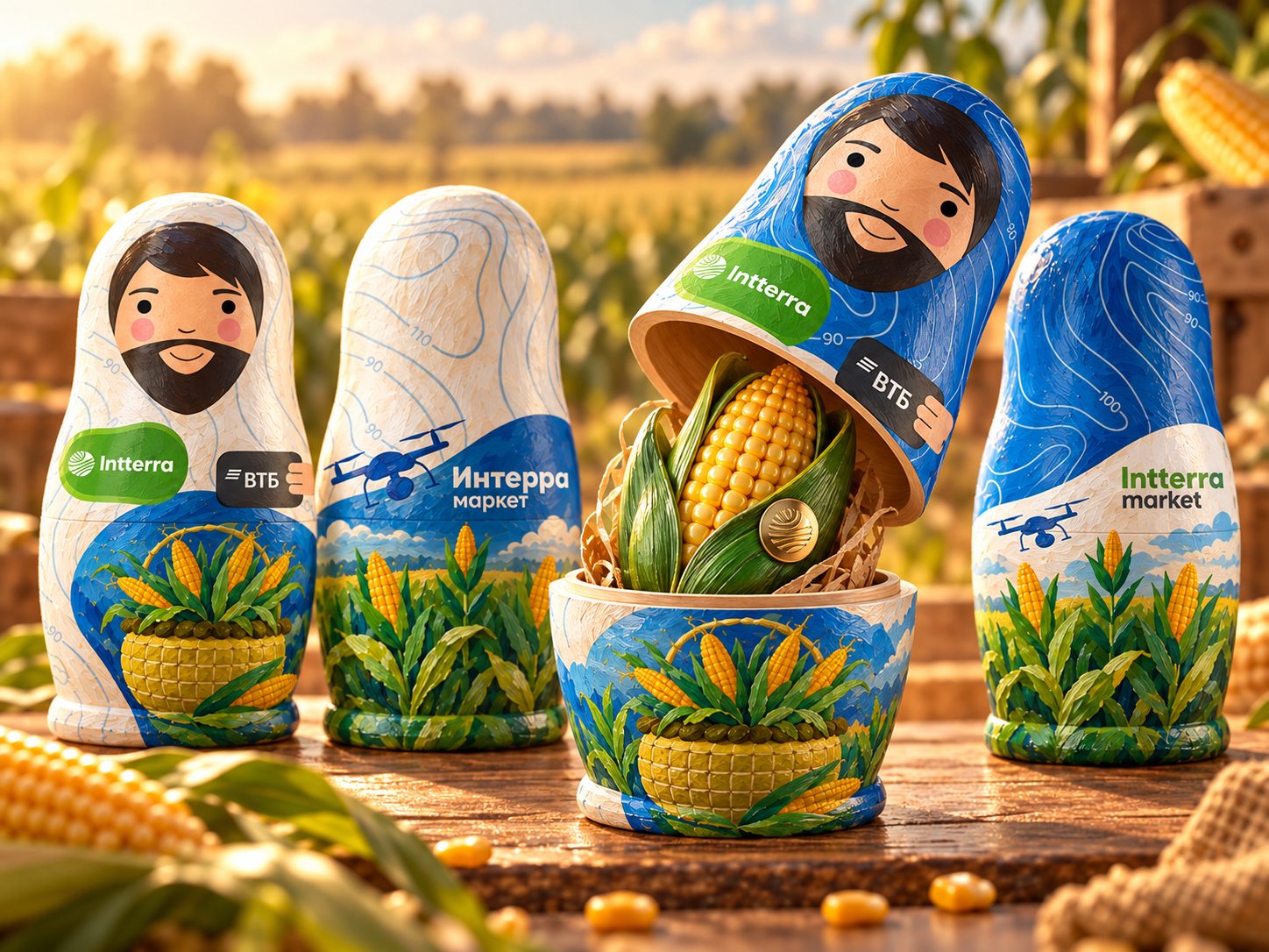 Концепция подарка Intterra: раскрытая синяя матрёшка с декоративной кукурузой и варианты иллюстративного оформления