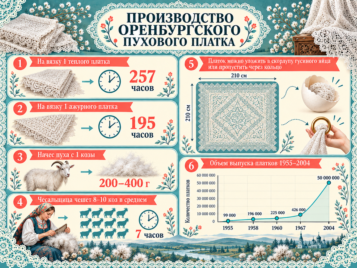 Инфографика о производстве оренбургского пухового платка: кружевной орнамент, изображения платков, мастерицы и козьего пуха, схемы и график